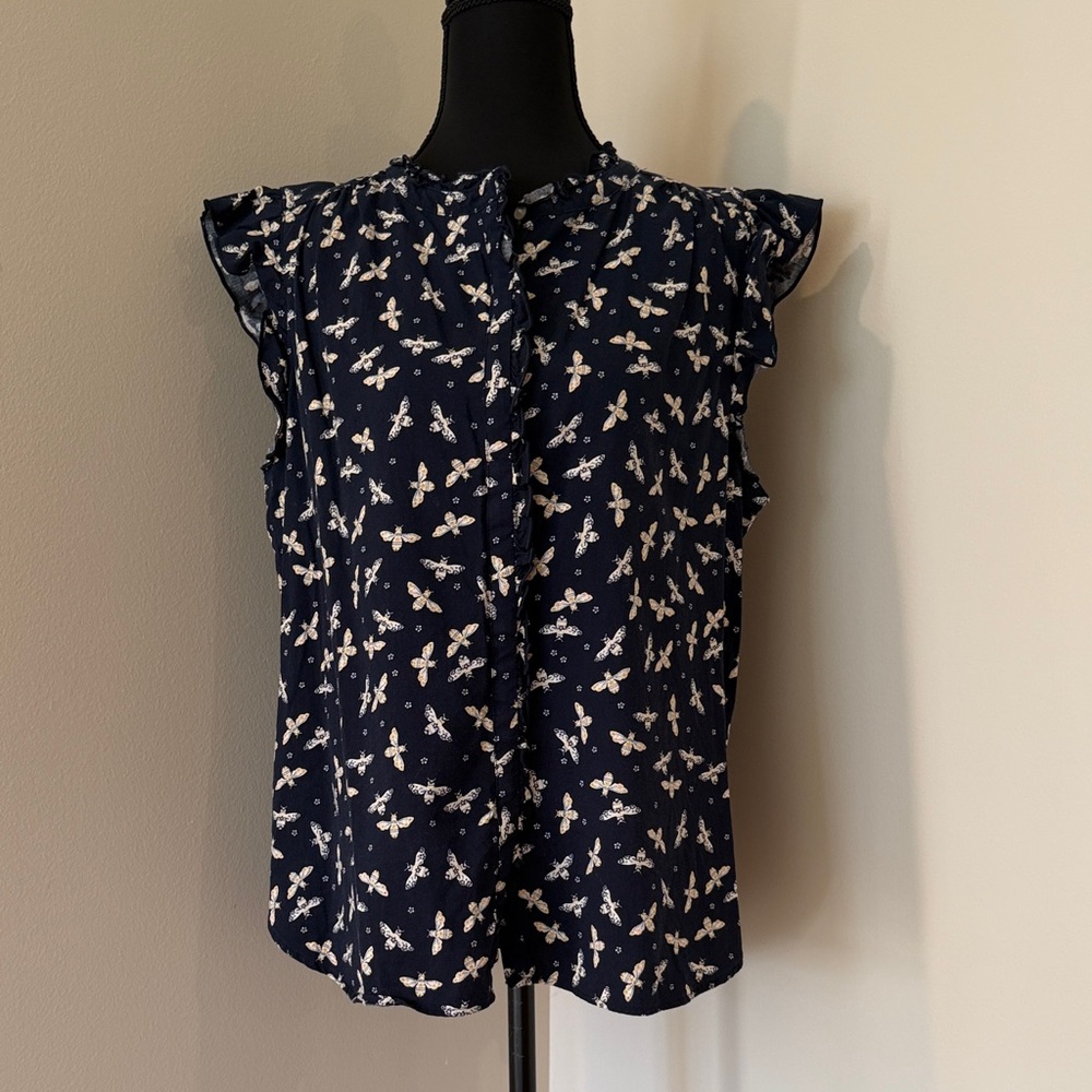 LOFT Navy Butterfly-Print Ruffle Cap-Sleeve Blouse